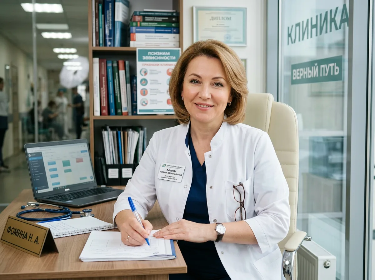 Врач-нарколог Фомина Наталья Александровна, женщина-врач в белом халате, профессиональный портрет клиники